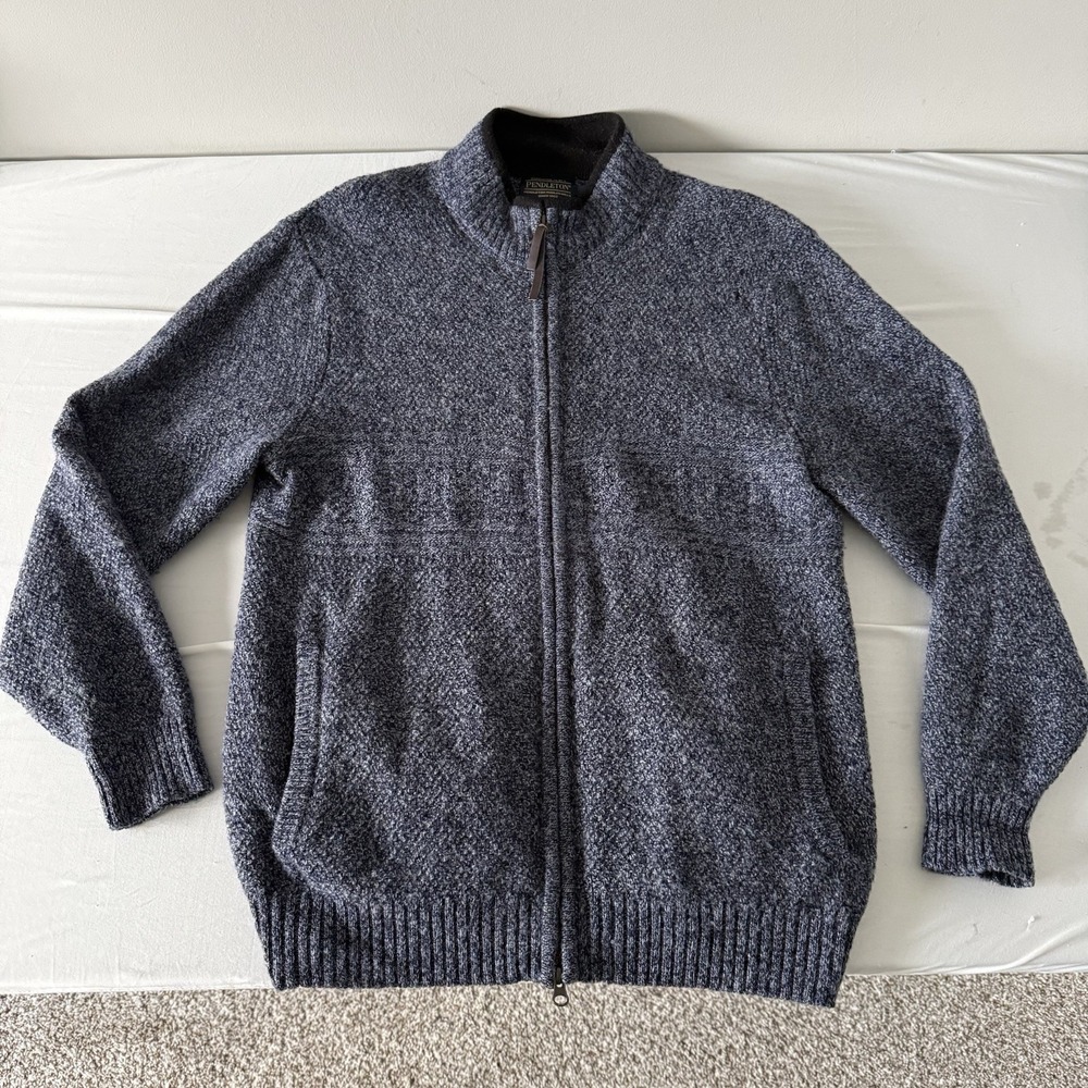 Pendleton Shetland Wool Full Zip Sweater Mens Large Blue Mock Neck Cardigan